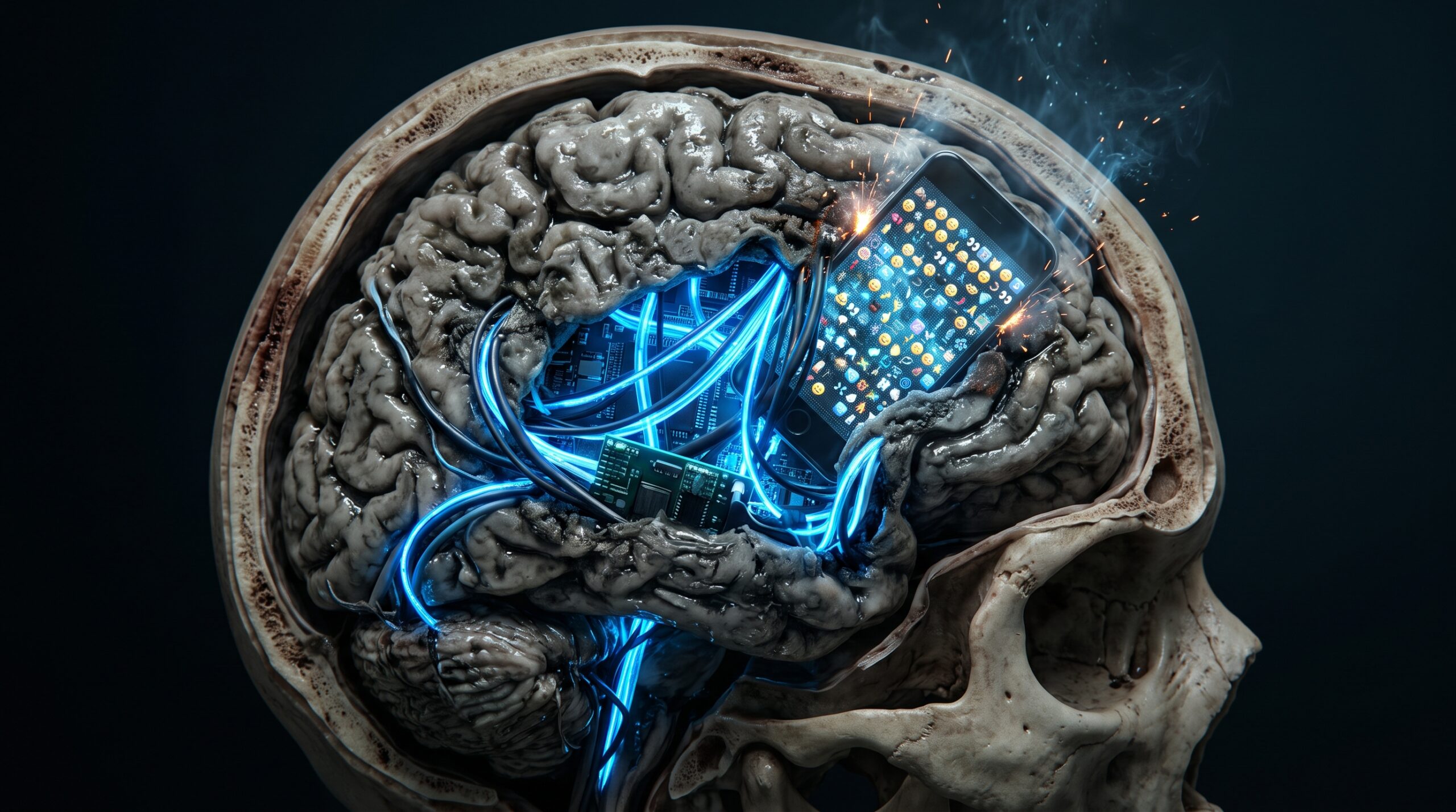 Querschnitt eines menschlichen Kopfes, in dessen Gehirn ein Smartphone mit Platinen und leuchtenden Kabeln verwachsen ist – Sinnbild für Brainrot und eine geschrumpfte Aufmerksamkeitsspanne durch digitale Reizüberflutung
