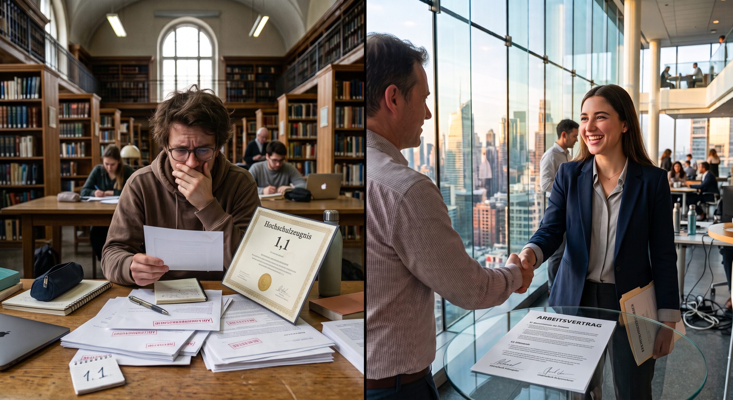 Vergleich zweier Absolventen: links ein frustrierter Einser-Kandidat mit Absagestapel in der Bibliothek, rechts eine lächelnde Absolventin beim Handschlag zur Vertragsunterschrift – Sinnbild dafür, wie man nach dem Studium einen Job findet