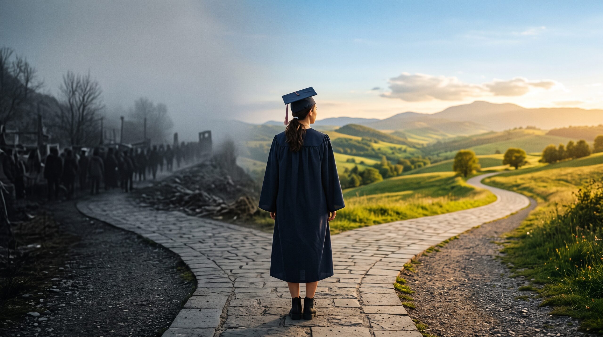 Universitätsabsolventin von hinten an einer Weggabelung: links ein grauer, nebliger Weg mit wartender Menschenmenge, rechts ein sonniger Pfad in eine offene grüne Landschaft – Sinnbild für die Frage, ob und wie sich ein Studium heute noch lohnt
