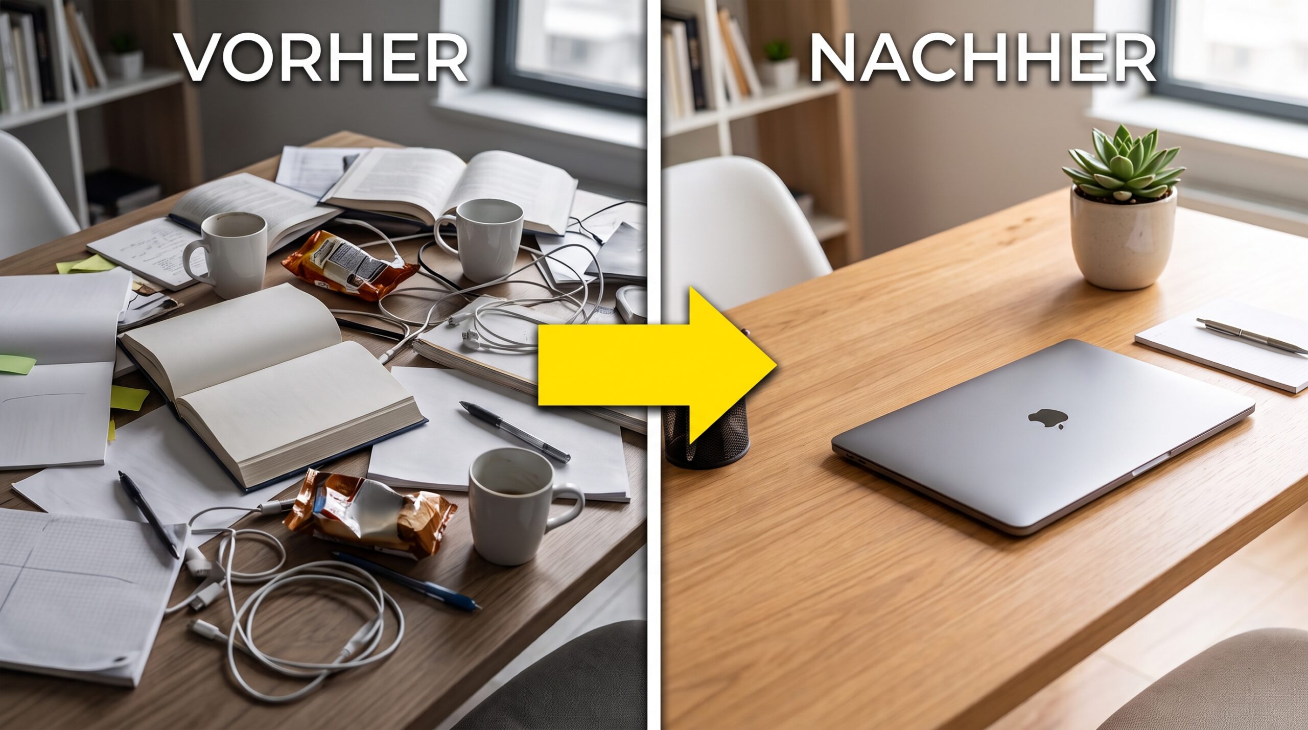 Schreibtisch im Vorher-nachher-Vergleich: links unaufgeräumt mit Papierstapeln und Kabeln, rechts aufgeräumt mit Laptop und Pflanze als Sinnbild für Ordnung und Konzentration