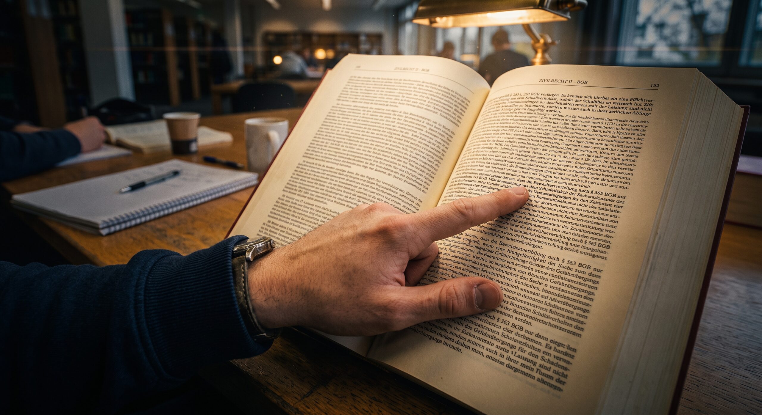 POV-Aufnahme eines Studenten, der beim Speed Reading mit dem Zeigefinger als Taktgeber über dichten Fließtext in einem aufgeschlagenen Jura-Fachbuch fährt.