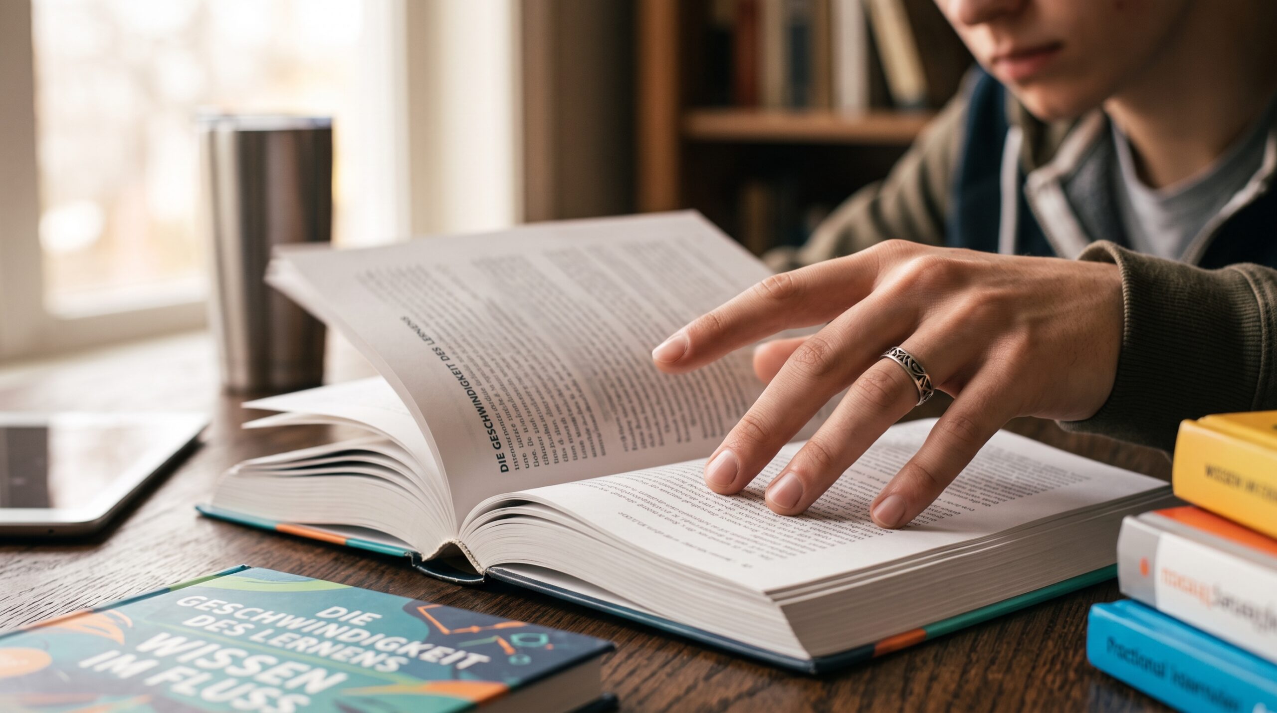 Junger Mann liest ein aufgeschlagenes Buch und führt einen Finger als Lesehilfe über die Zeilen, umgeben von Bücherstapeln – Sinnbild für Speed Reading und schnelleres Lesen mit der Pacer-Technik